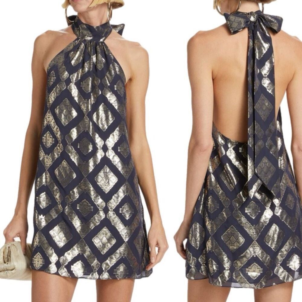 NWT Ramy Brook Sam Geometric Minidress In metallic and midnight blue. Size 6